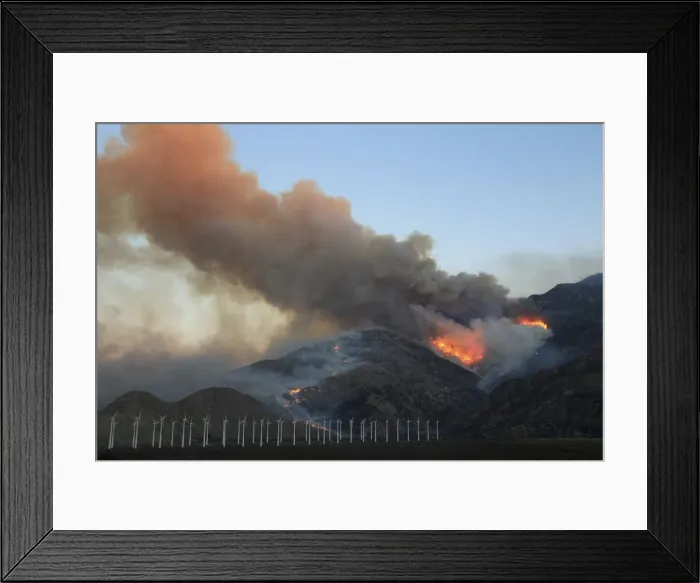 Framed Print : Fire spreads up north side of San Jacinto Mountains near wind turbines at the Silver Fire Framed Print : Fire spreads up north side of San Jacinto Mountains near wind turbines at the Silver Fire