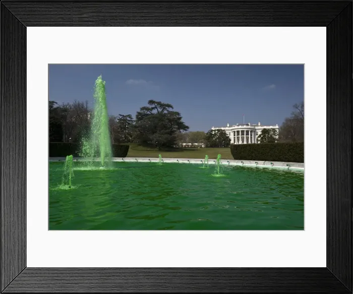 Framed Print : The fountain on the South Lawn of the White House flows with water dyed green for St Framed Print : The fountain on the South Lawn of the White House flows with water dyed green for St