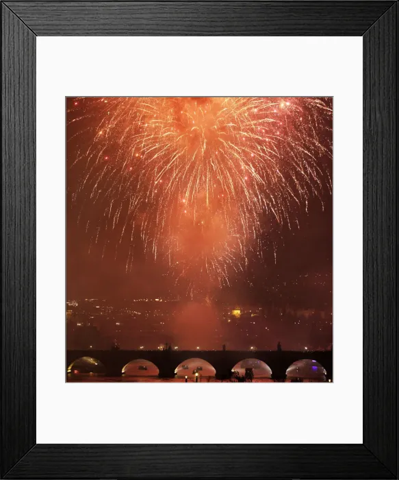 Framed Print : Fireworks explode over the medieval Charles Bridge in Prague