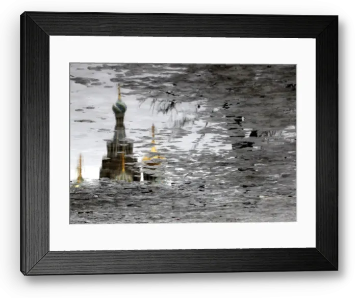 Framed Print : The Church of the Savior on Spilled Blood is reflected in melting ice on Arts Square in