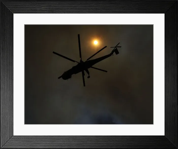 Framed Print : Skycrane fire-fighting helicopter makes a water drop on the second day of the Springs Framed Print : Skycrane fire-fighting helicopter makes a water drop on the second day of the Springs