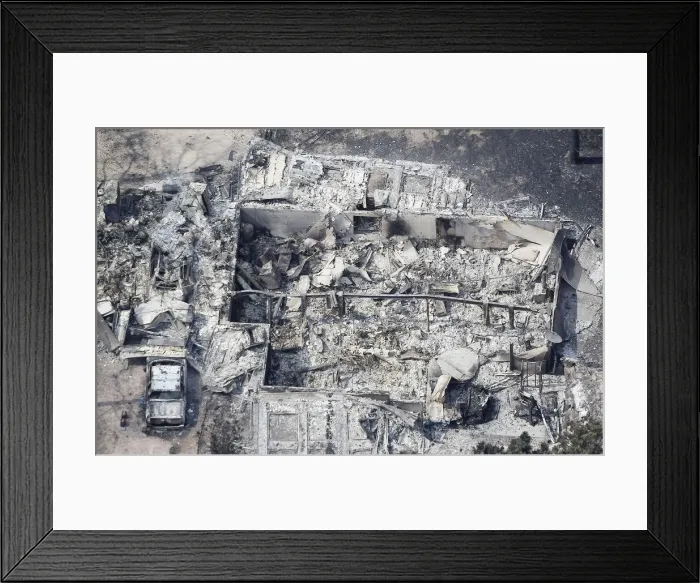 Framed Print : An aerial view of a destroyed house in the aftermath of the Black Forest Fire in Black Framed Print : An aerial view of a destroyed house in the aftermath of the Black Forest Fire in Black