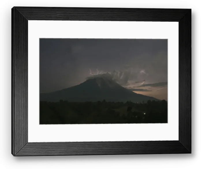 Framed Print : Lightning strikes as Mount Sinabung volcano spews ash and hot lava Framed Print : Lightning strikes as Mount Sinabung volcano spews ash and hot lava
