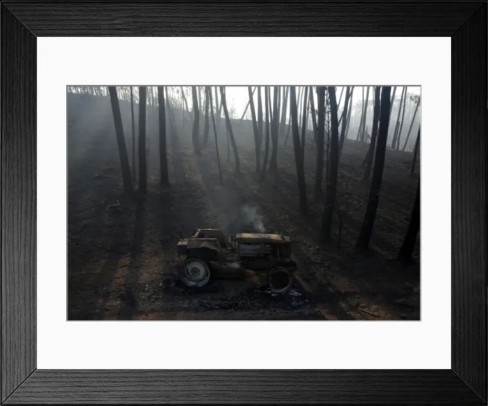 Framed Print : A burned out tractor is seen amidst burned trees after a forest fire in Castanheira de Framed Print : A burned out tractor is seen amidst burned trees after a forest fire in Castanheira de