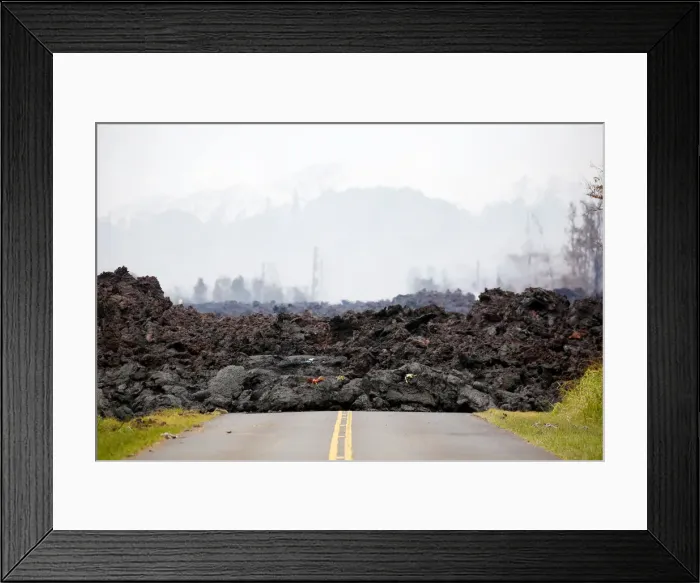 Framed Print : A lava flow covers a road in the Leilani Estates subdivision during ongoing eruptions of Framed Print : A lava flow covers a road in the Leilani Estates subdivision during ongoing eruptions of