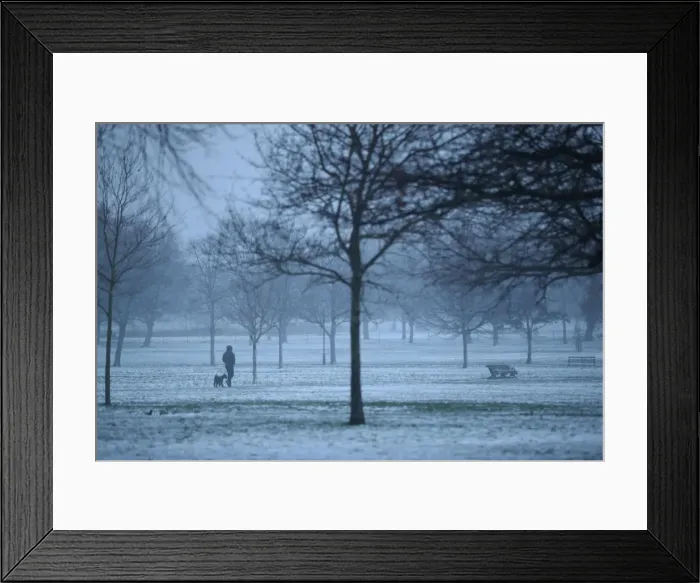 Framed Print : A walker crosses a snow-covered Clapham Common in London Framed Print : A walker crosses a snow-covered Clapham Common in London