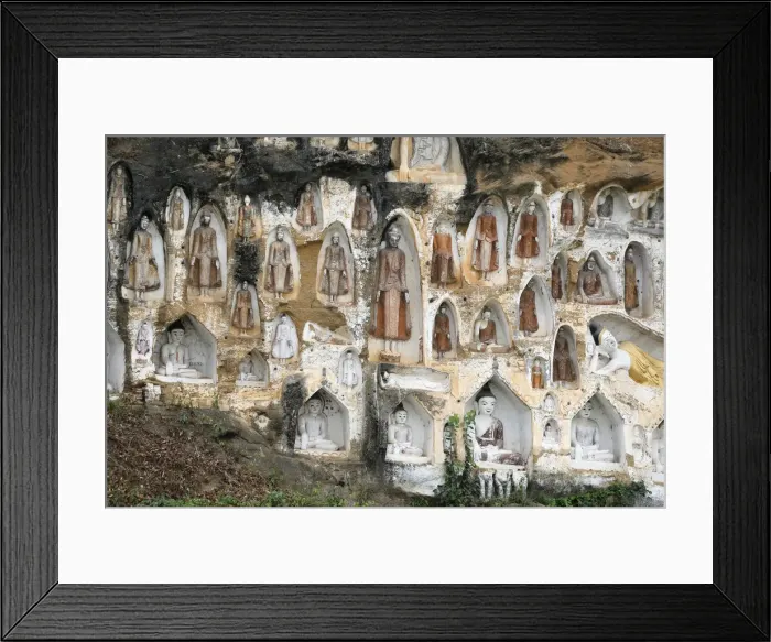 Framed Print : Akauk Taung Buddha cliff carvings pagodas are seen next to the UNESCO world heritage site Framed Print : Akauk Taung Buddha cliff carvings pagodas are seen next to the UNESCO world heritage site