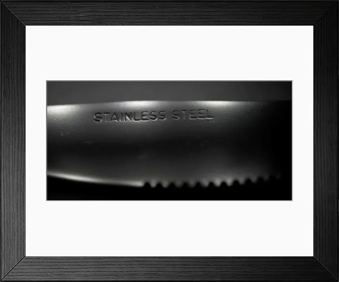 Framed Print : Stainless Steel is seen stamped onto the blade of a knife in Manchester Framed Print : Stainless Steel is seen stamped onto the blade of a knife in Manchester