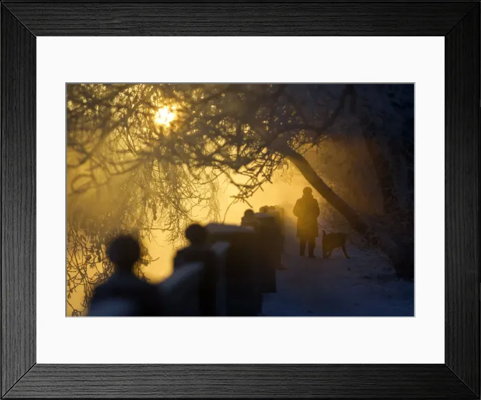 Framed Print : A woman walks with a dog on the embankment of a river in Moscow Framed Print : A woman walks with a dog on the embankment of a river in Moscow