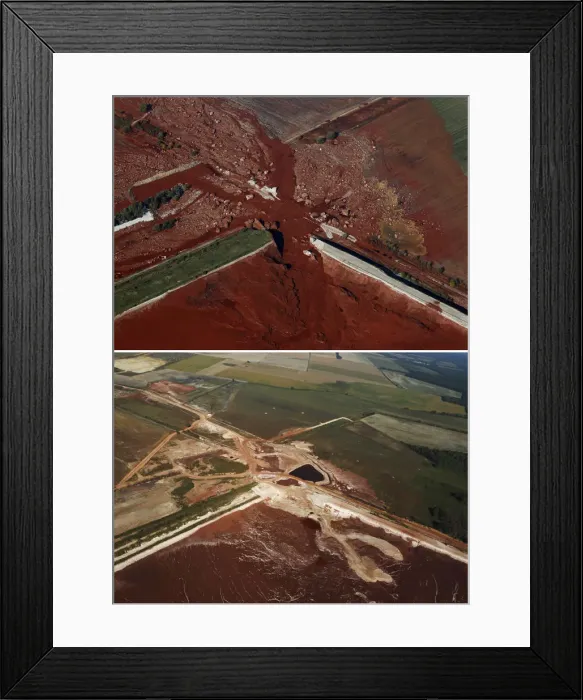 Framed Print : Combo photo shows the alumina waste reservoir near Kolontar after it broke Framed Print : Combo photo shows the alumina waste reservoir near Kolontar after it broke