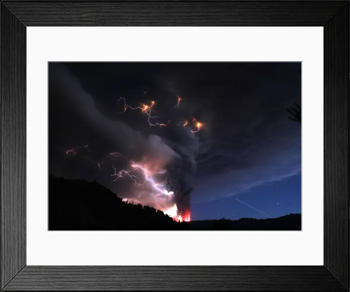Framed Print : Lightning bolts strike around the Puyehue-Cordon Caulle volcanic chain near southern Framed Print : Lightning bolts strike around the Puyehue-Cordon Caulle volcanic chain near southern