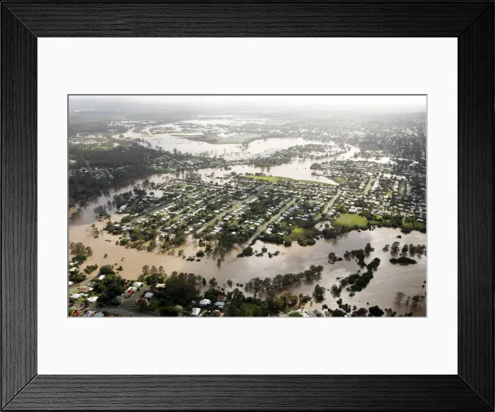Framed Print : The Brisbane River breaks its banks to flood residential areas west of Brisbane Framed Print : The Brisbane River breaks its banks to flood residential areas west of Brisbane