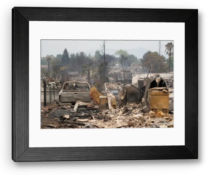 Framed Print : A charred neighborhood destroyed by the Carr Fire is seen west of Redding, California Framed Print : A charred neighborhood destroyed by the Carr Fire is seen west of Redding, California