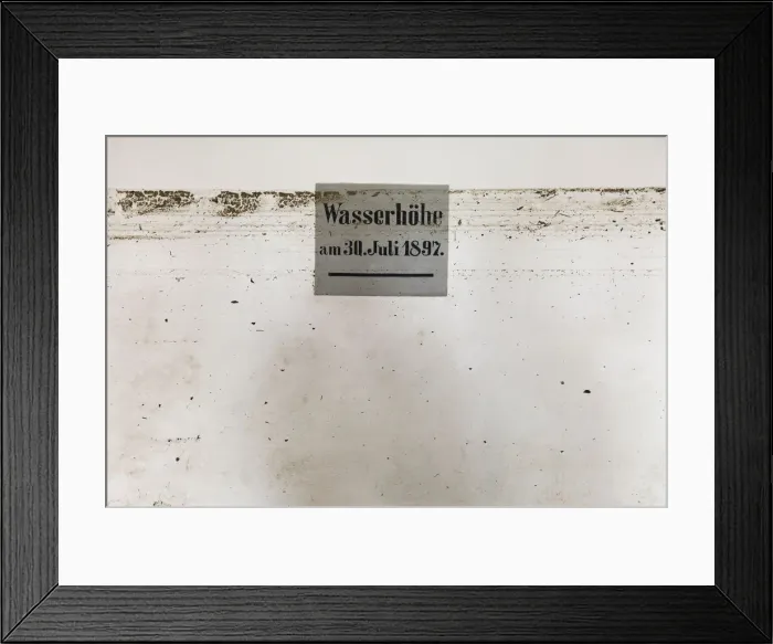 Framed Print : Dirt marks from recent flood run across sign showing height of 1897 flood in Framed Print : Dirt marks from recent flood run across sign showing height of 1897 flood in
