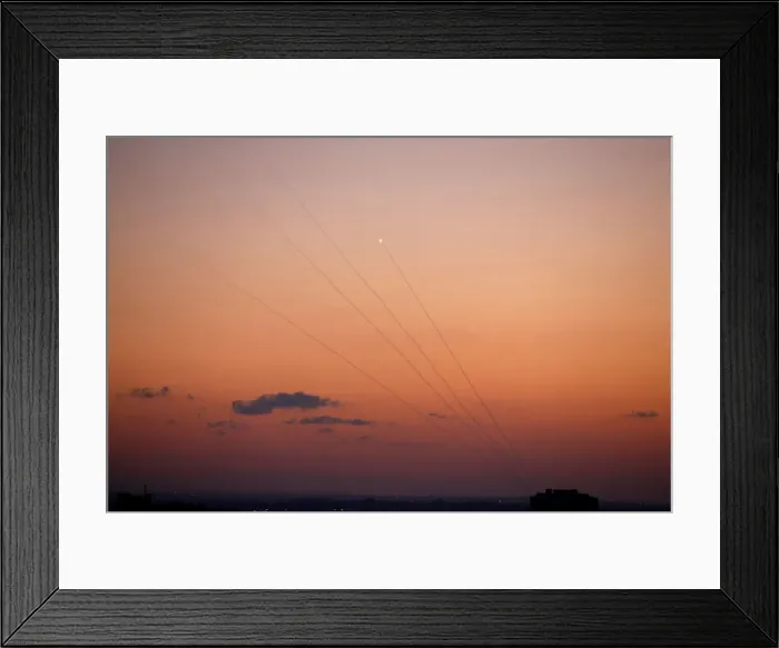Framed Print : Rockets fired by Palestinian militants towards Israel are seen in Gaza Framed Print : Rockets fired by Palestinian militants towards Israel are seen in Gaza