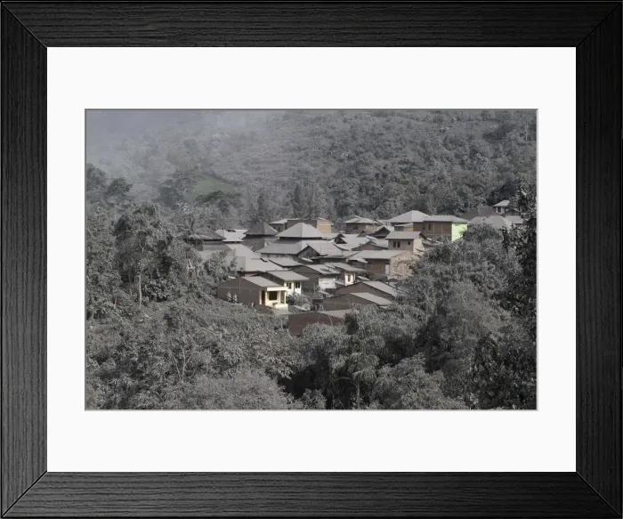 Framed Print : The ash from Sinabung volcano covers trees and houses at Mardingding village Framed Print : The ash from Sinabung volcano covers trees and houses at Mardingding village
