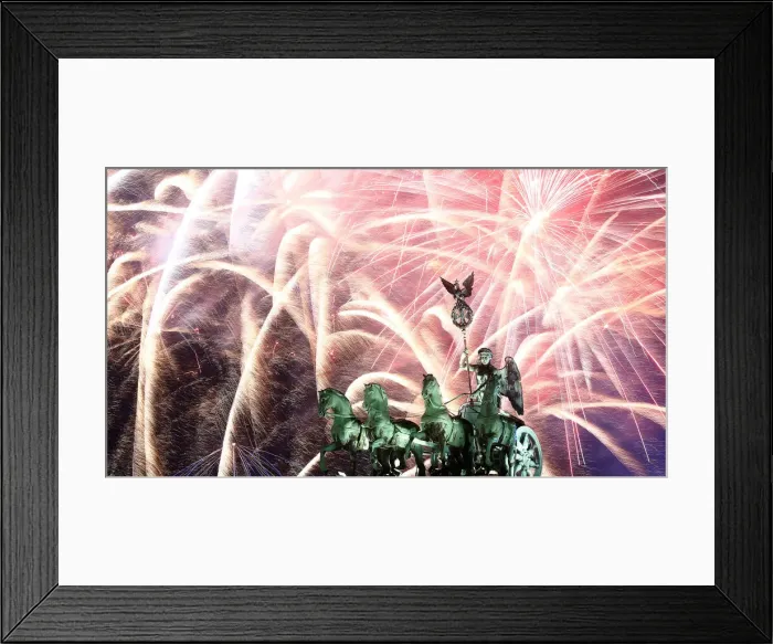 Framed Print : Fireworks explode over the Quadriga sculpture atop the Brandenburg gate during New Year Framed Print : Fireworks explode over the Quadriga sculpture atop the Brandenburg gate during New Year