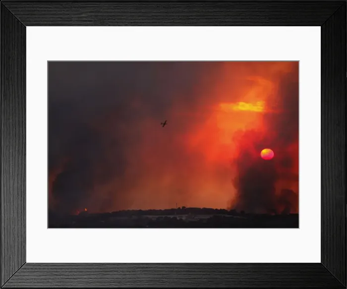 Framed Print : A fire-fighting plane flies over a forest fire that broke out in the north of Israel Framed Print : A fire-fighting plane flies over a forest fire that broke out in the north of Israel