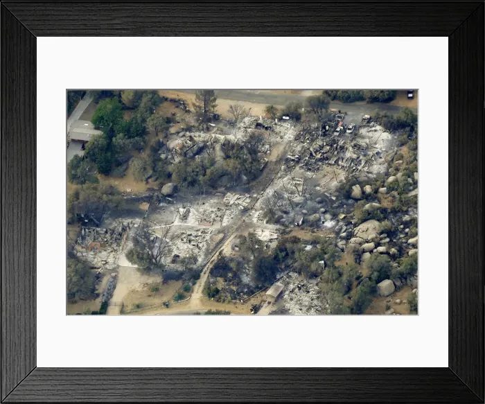 Framed Print : Aerial view of a section of the town of Yarnell, Arizona destroyed by wildfire Framed Print : Aerial view of a section of the town of Yarnell, Arizona destroyed by wildfire