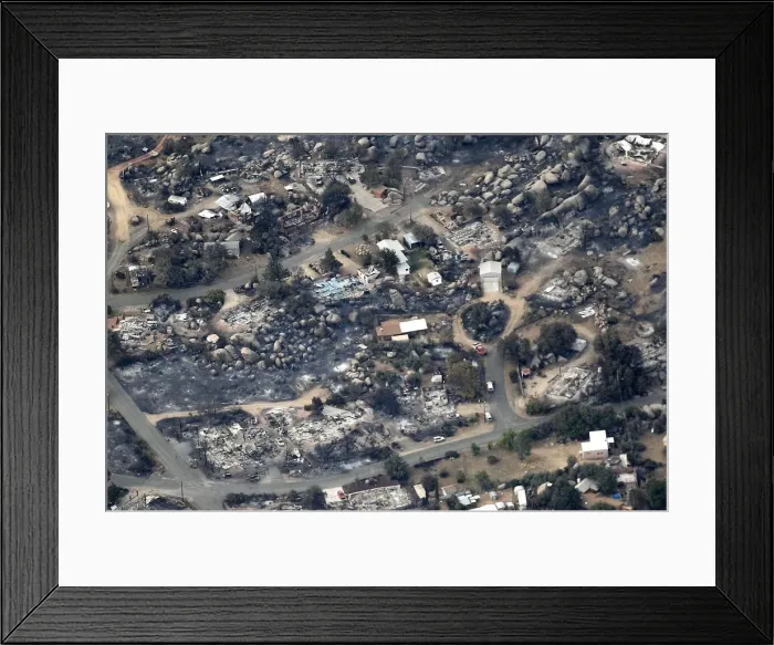 Framed Print : Aerial view of a section of the town of Yarnell, Arizona that is destroyed by a wildfire Framed Print : Aerial view of a section of the town of Yarnell, Arizona that is destroyed by a wildfire