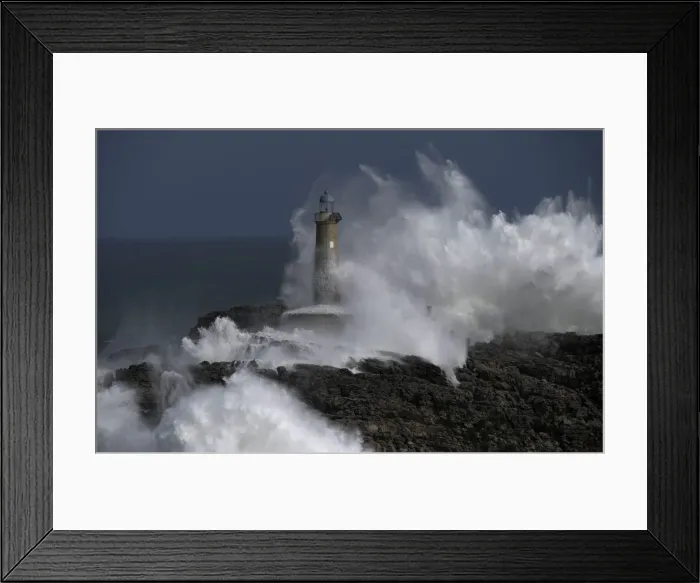 Framed Print : Waves crash on the lighthouse of La Isla del Mouro in the port town of Santander Framed Print : Waves crash on the lighthouse of La Isla del Mouro in the port town of Santander
