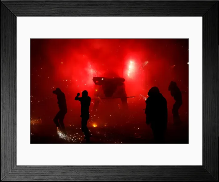 Framed Print : People enjoy fireworks exploding from a traditional bull figure in Tultepec Framed Print : People enjoy fireworks exploding from a traditional bull figure in Tultepec