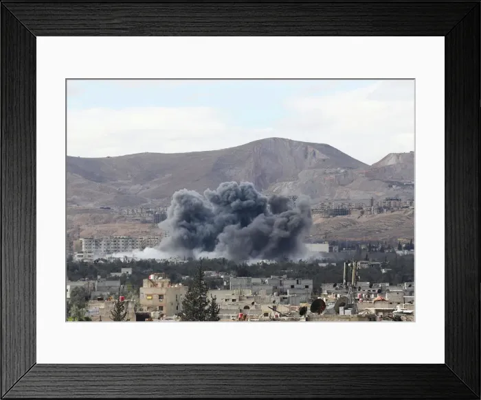 Framed Print : Smoke rises from the besieged Eastern Ghouta in Damascus Framed Print : Smoke rises from the besieged Eastern Ghouta in Damascus