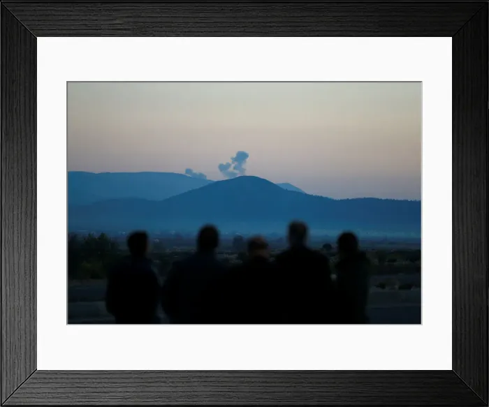 Framed Print : Smoke rises from the Syrias Afrin region, as it is pictured from near the Turkish town Framed Print : Smoke rises from the Syrias Afrin region, as it is pictured from near the Turkish town