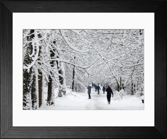 Framed Print : People walk in a snow-covered path in the Bois de Vincennes in Paris, France Framed Print : People walk in a snow-covered path in the Bois de Vincennes in Paris, France