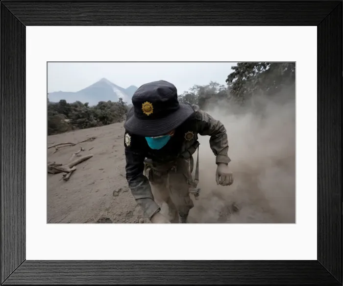 Framed Print : A police officer stumbles while running away after the Fuego volcano spew new pyroclastic Framed Print : A police officer stumbles while running away after the Fuego volcano spew new pyroclastic