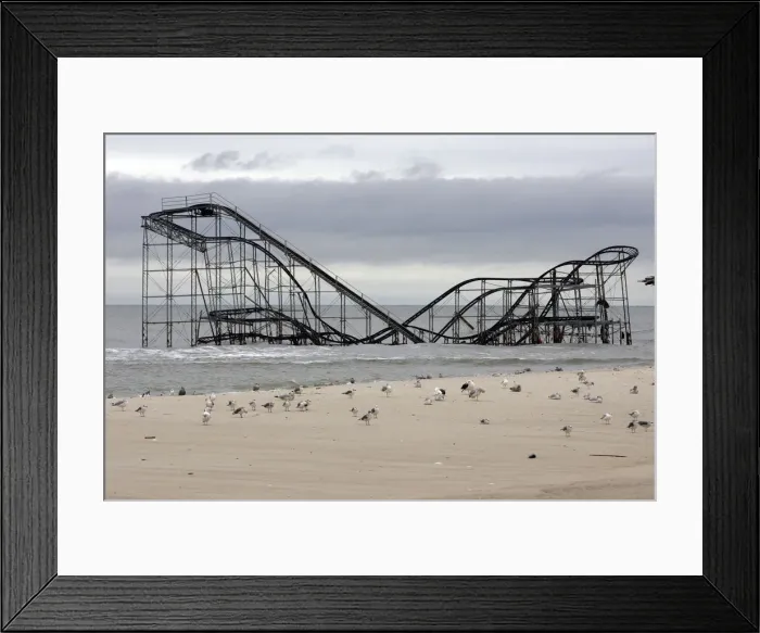 Framed Print : The extensive damage to an amusement park roller coaster in the aftermath of Hurricane