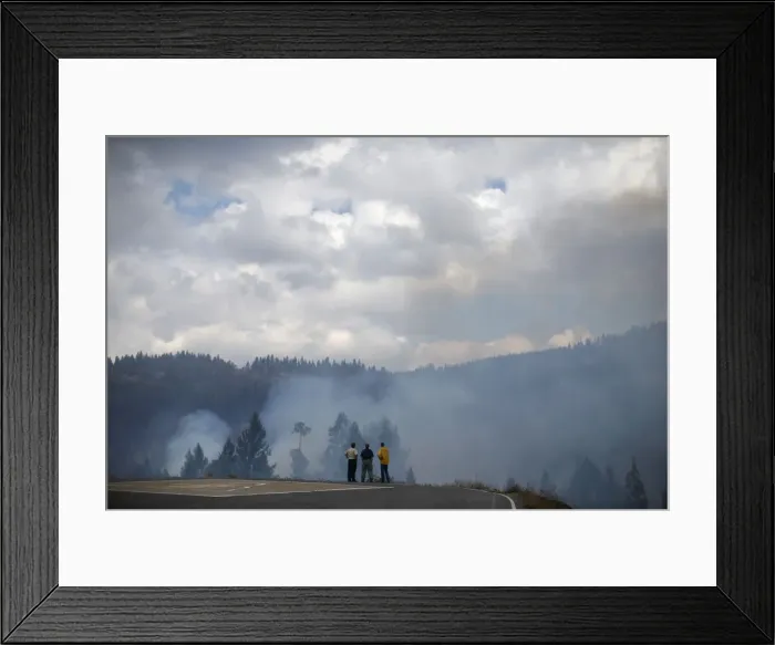 Framed Print : Fire officials monitor the King Fire from a heliport in Fresh Pond northeast of