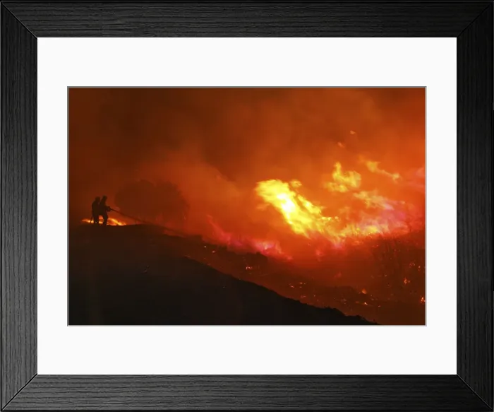 Framed Print : Firefighters attempt to extinguish a fire burning in the scrubland Framed Print : Firefighters attempt to extinguish a fire burning in the scrubland