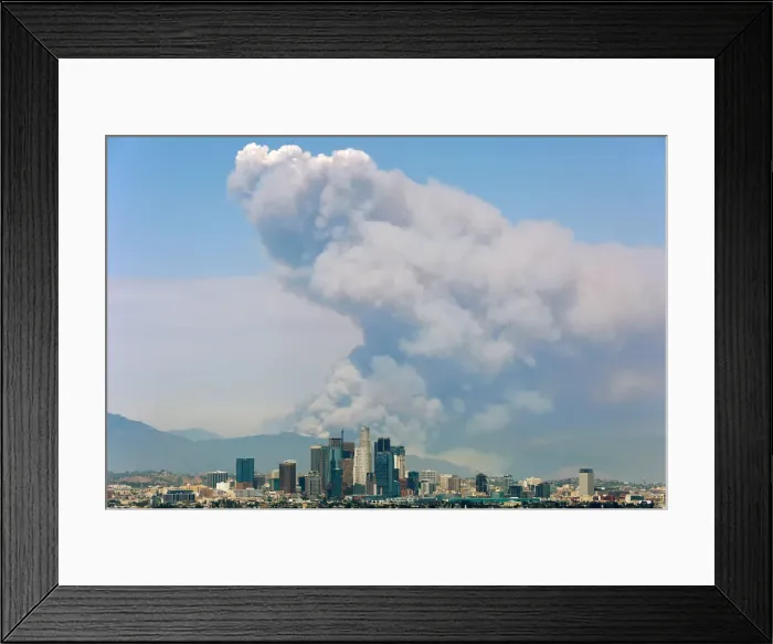Framed Print : Smoke from two fires burning in the Angeles National Forest rises with the downtown Framed Print : Smoke from two fires burning in the Angeles National Forest rises with the downtown
