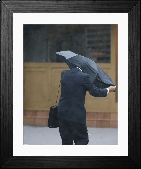 Framed Print : A man struggles against a strong wind and rain caused by approaching Typhoon Wipha at a Framed Print : A man struggles against a strong wind and rain caused by approaching Typhoon Wipha at a