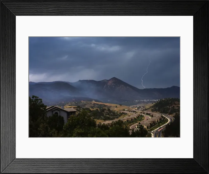 Framed Print : Lighting strikes as rain clouds approach the Waldo Canyon fire in Colorado Springs Framed Print : Lighting strikes as rain clouds approach the Waldo Canyon fire in Colorado Springs