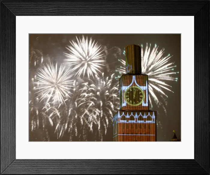 Framed Print : Fireworks light the sky over the Kremlins Spasskaya Tower, covered by scaffolding Framed Print : Fireworks light the sky over the Kremlins Spasskaya Tower, covered by scaffolding