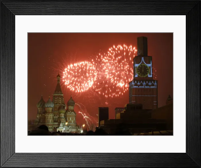 Framed Print : Fireworks light the sky over St. Basils Cathedral and Kremlins Spasskaya Tower