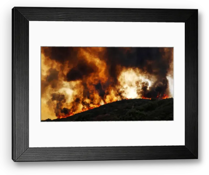 Framed Print : Wind-driven flames roll over a hill towards homes during the River Fire in Lakeport
