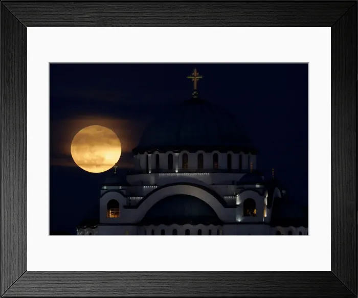 Framed Print : A full moon rises behind St. Sava temple in Belgrade Framed Print : A full moon rises behind St. Sava temple in Belgrade