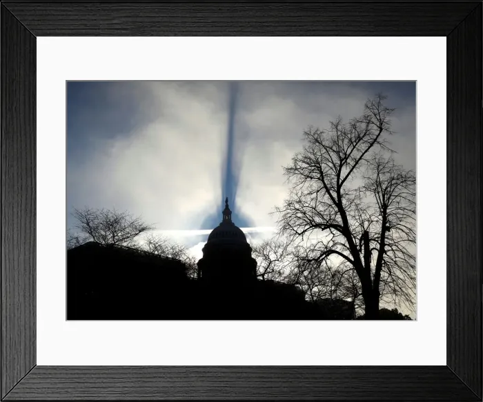 Framed Print : Early morning fog creates a shadow of the U. S. Capitol dome in Washington