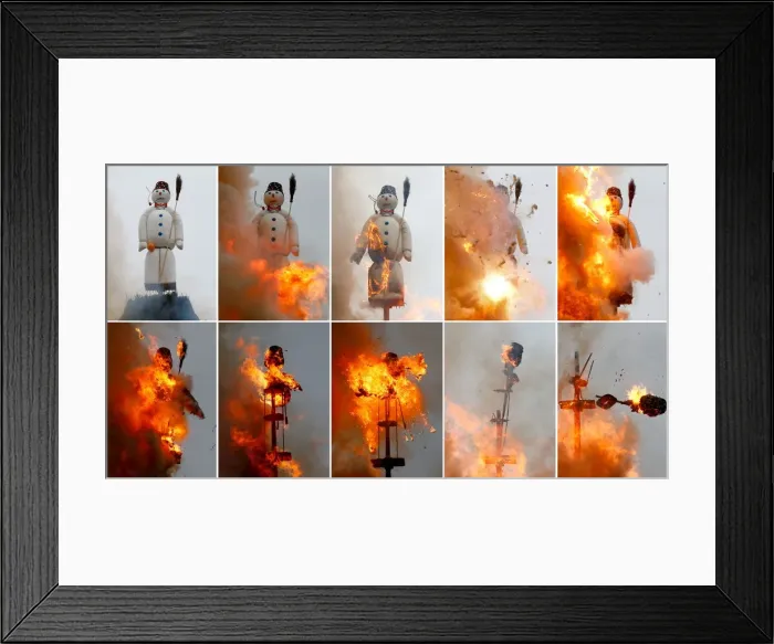 Framed Print : A combination of pictures shows the Boeoegg, a snowman made of wadding Framed Print : A combination of pictures shows the Boeoegg, a snowman made of wadding