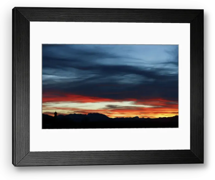 Framed Print : Tower of Allerheiligen church in Reitham and mountains of lake Tegernsee area are Framed Print : Tower of Allerheiligen church in Reitham and mountains of lake Tegernsee area are