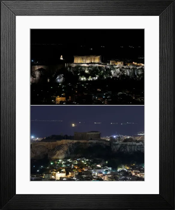 Framed Print : A combination picture shows a view of the ancient Parthenon temple atop the Acropolis Framed Print : A combination picture shows a view of the ancient Parthenon temple atop the Acropolis