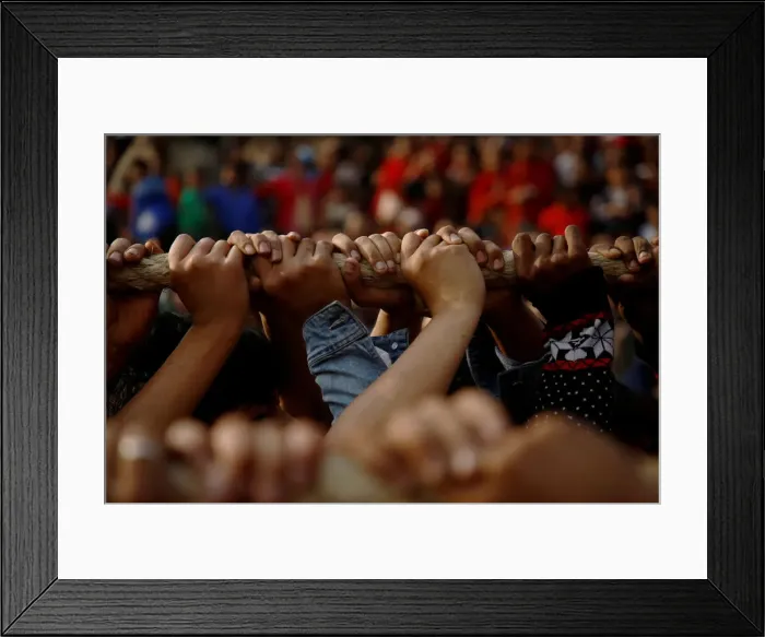 Framed Print : Hands of devotees are pictured as they pull the chariot of God Bhairab during the Biska Framed Print : Hands of devotees are pictured as they pull the chariot of God Bhairab during the Biska