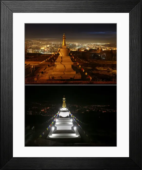 Framed Print : A combination photo shows the Stupa of Enlightenment at the Buddhist Centre before Framed Print : A combination photo shows the Stupa of Enlightenment at the Buddhist Centre before