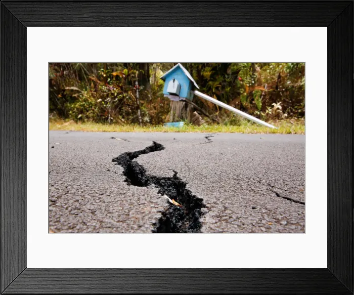 Framed Print : A crack is seen in a road in the Leilani Estates subdivision during ongoing eruptions of Framed Print : A crack is seen in a road in the Leilani Estates subdivision during ongoing eruptions of