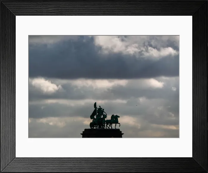 Framed Print : A Quadriga is seen on the top of the Cinquantenaire arch in Brussels