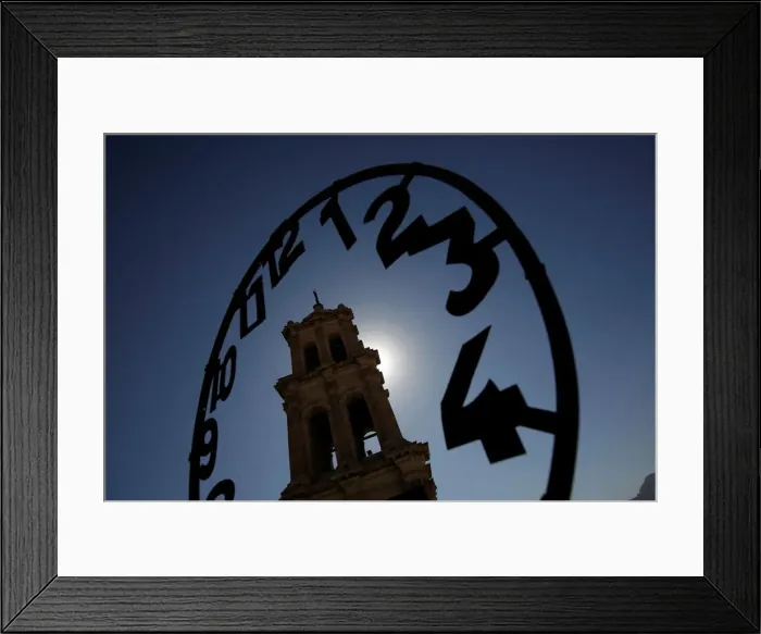 Framed Print : Old dial of the clock of Our Lady of Guadalupe Cathedral is pictured along one of its Framed Print : Old dial of the clock of Our Lady of Guadalupe Cathedral is pictured along one of its