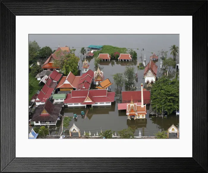 Framed Print : An aerial view of a flooded temple in Pathum Thani province Framed Print : An aerial view of a flooded temple in Pathum Thani province